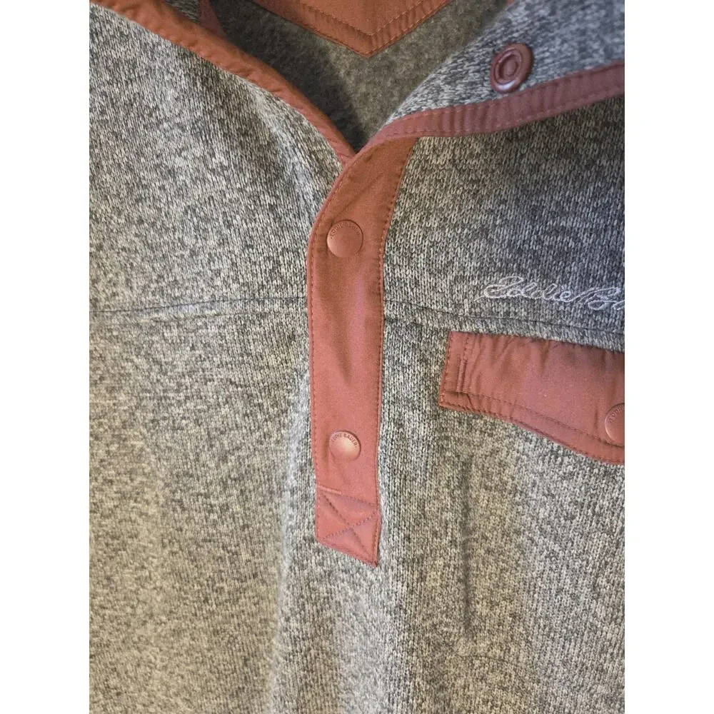 Eddie Bauer Mens L Pullover Fleece 1/4 Snap Gray & Rust Zip Pockets Gorpcore
